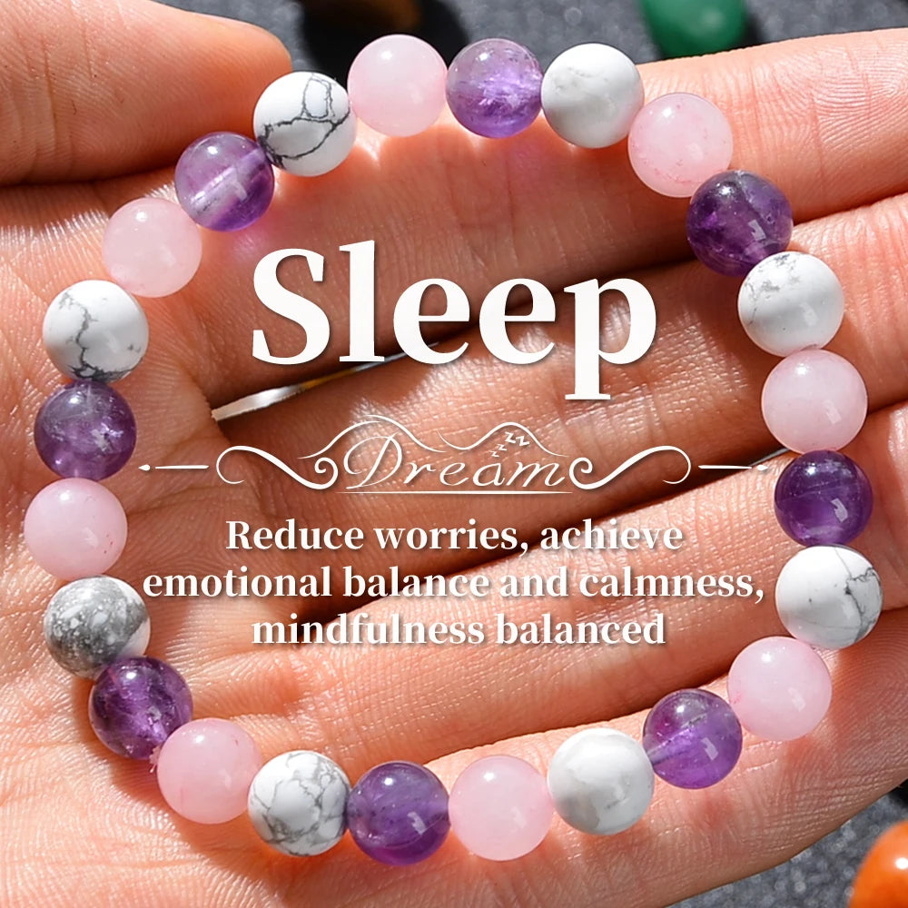 1Pc Fashionable Aura Balancing Sleep Bracelet, 8Mm Natural Stone Sleep Bracelet - White Turquoise - Amethyst - Rose Quartz