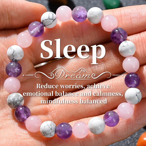 1Pc Fashionable Aura Balancing Sleep Bracelet, 8Mm Natural Stone Sleep Bracelet - White Turquoise - Amethyst - Rose Quartz