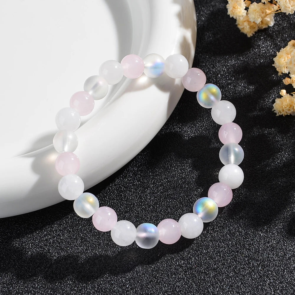 1Pc Fashionable Aura Balancing Sleep Bracelet, 8Mm Natural Stone Sleep Bracelet - White Turquoise - Amethyst - Rose Quartz