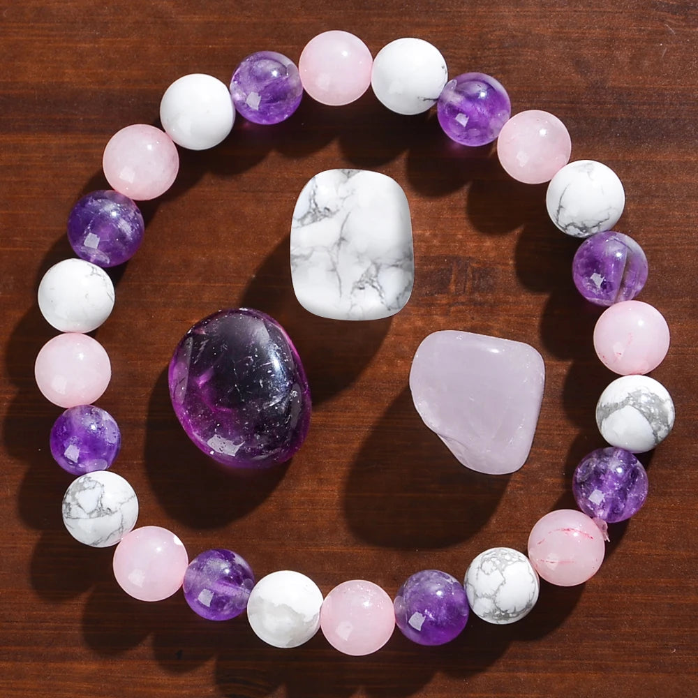 1Pc Fashionable Aura Balancing Sleep Bracelet, 8Mm Natural Stone Sleep Bracelet - White Turquoise - Amethyst - Rose Quartz