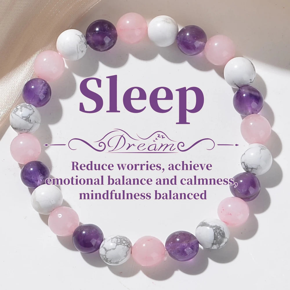 1Pc Fashionable Aura Balancing Sleep Bracelet, 8Mm Natural Stone Sleep Bracelet - White Turquoise - Amethyst - Rose Quartz