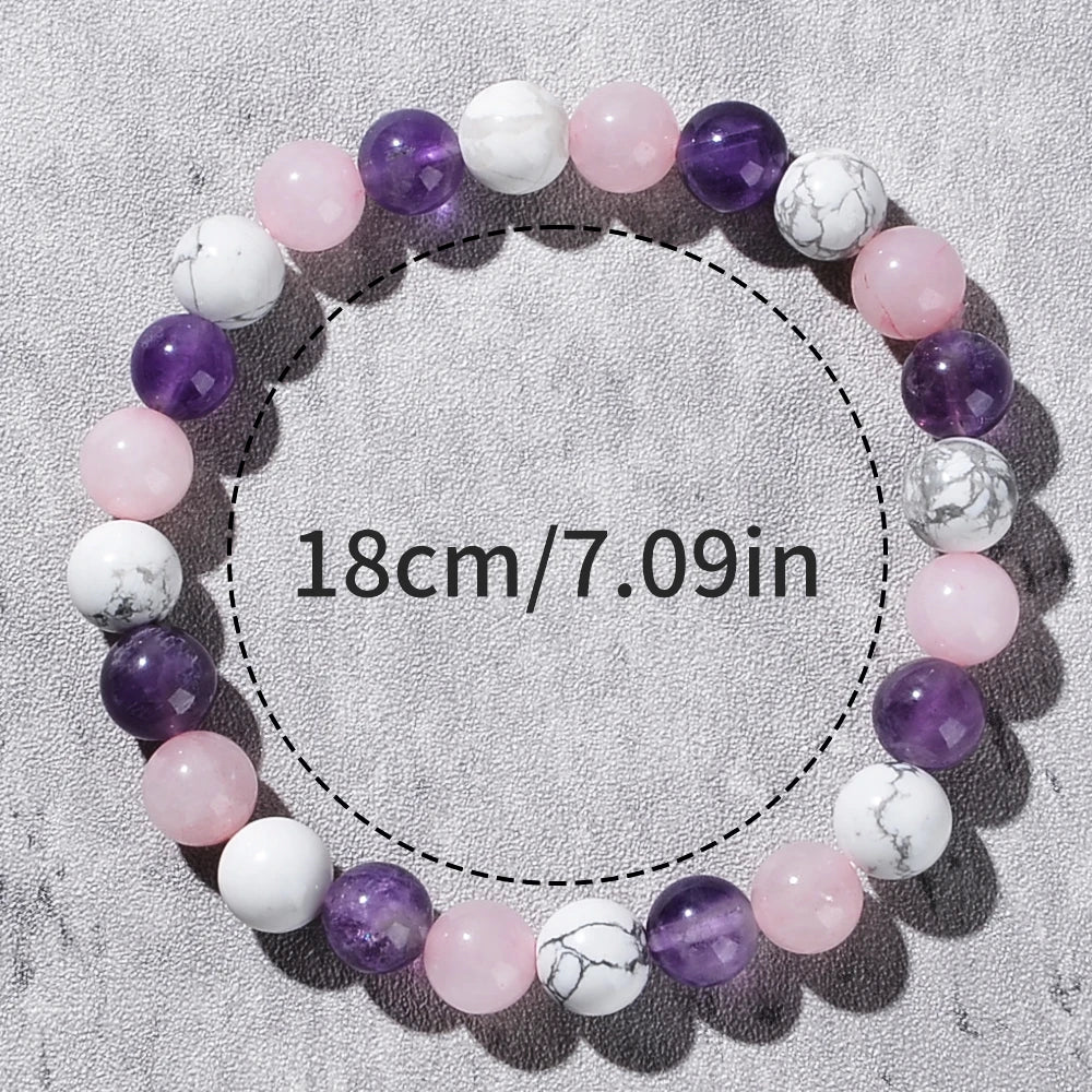 1Pc Fashionable Aura Balancing Sleep Bracelet, 8Mm Natural Stone Sleep Bracelet - White Turquoise - Amethyst - Rose Quartz